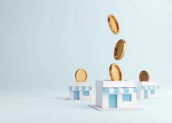 Coin in stores, Earning money with franchise business, 3d render