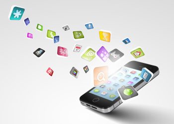 Media technology illustration with mobile phone and icons
