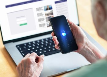 Senior and phone with lock password to protect data in online bank website. Old woman with smartphone. Cyber security and personal information safety and privacy from hacker fraud. Elder person.