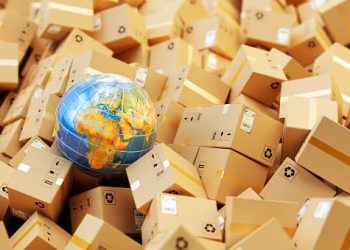 Distribution warehouse, international package shipping, global freight transportation concept