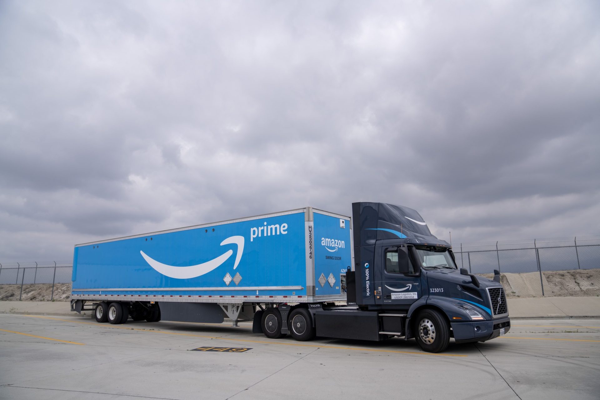 Amazon electric semi trucks at ONT2 in San Bernardino, C